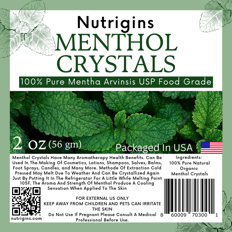 Nutrigins Menthol Crystal 2 oz - Pure Organic 100% Natural - Menthol Crystals from Mint Crystal Mints Mentha Arvensis - Comes in Resealable Standup Bag for Long-Lasting Freshness