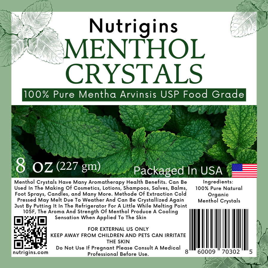 Nutrigins Menthol Crystal 8 oz - Pure Organic 100% Natural - Menthol Crystals from Mint Crystal Mints Mentha Arvensis - Comes in Resealable Standup Bag for Long-Lasting Freshness