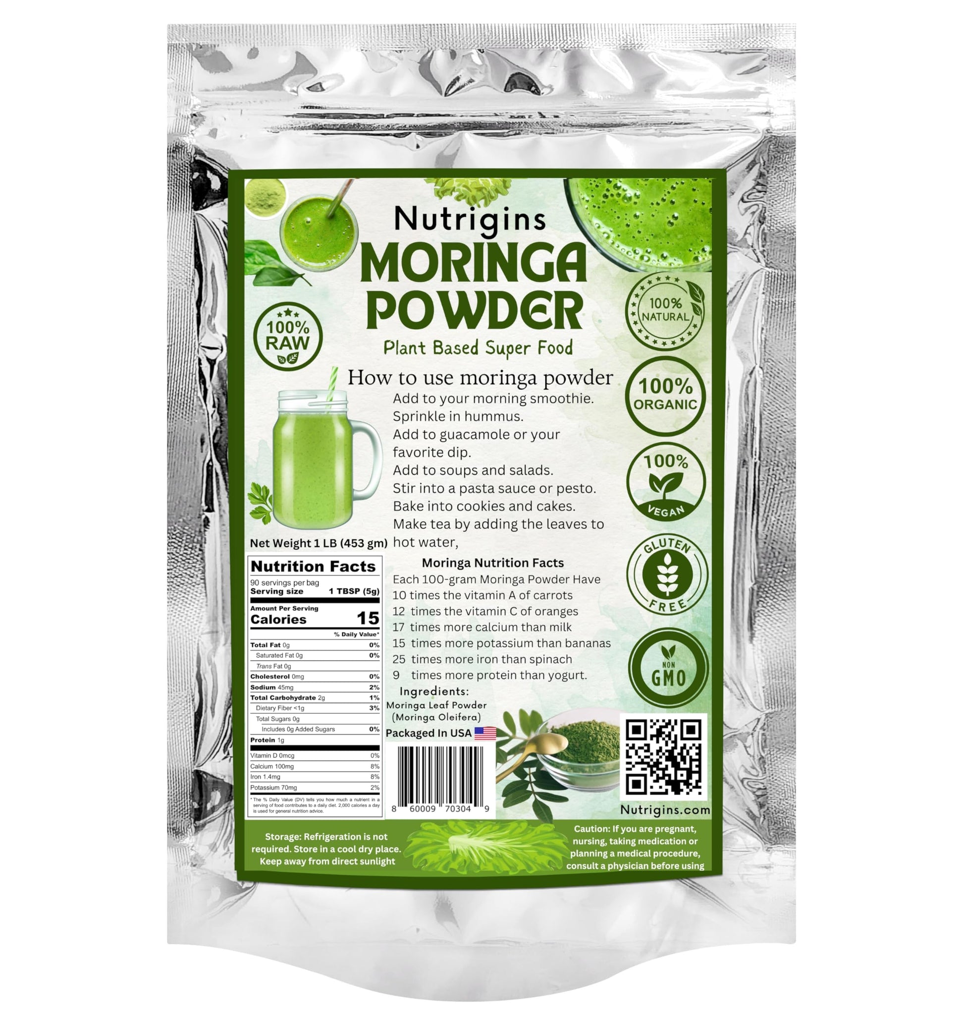 Moringa Powder - Moringa Oleifera - 100% Raw and Pure Moringa Leaf Powder - Great for Drinks, Tea, Smoothies & Recipes - Food-Grade, Vegan, Resealable Stand-Up Bag (8 Ounce (Pack of 1))