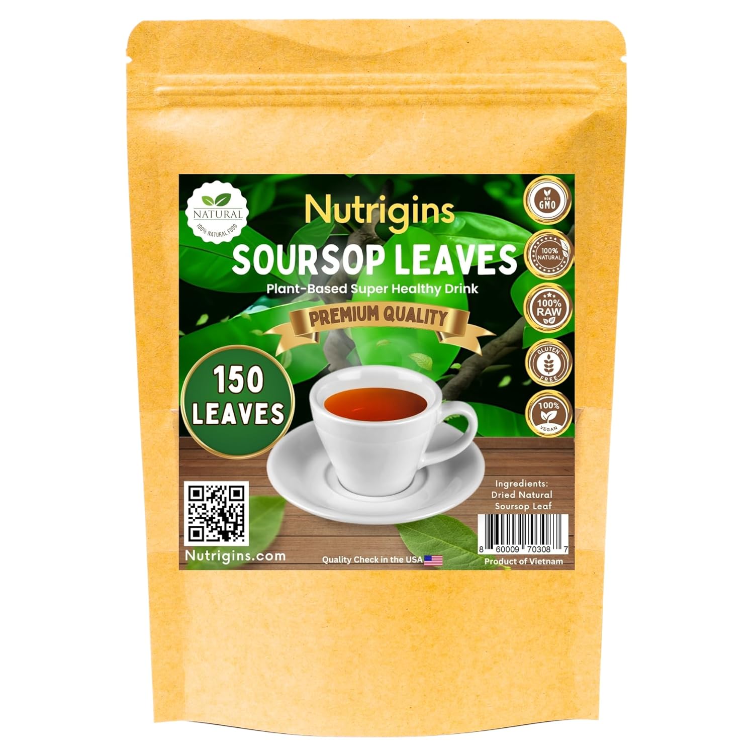 Nutrigins - Premium Soursop Leaves - 150 Leaves - Dried Soursop Tea Leaves - 100% Natural Wild Crafted Graviola Leaves - Hojas de Guanabana Vacuum Sealed For Freshness (150 Count Leaves)