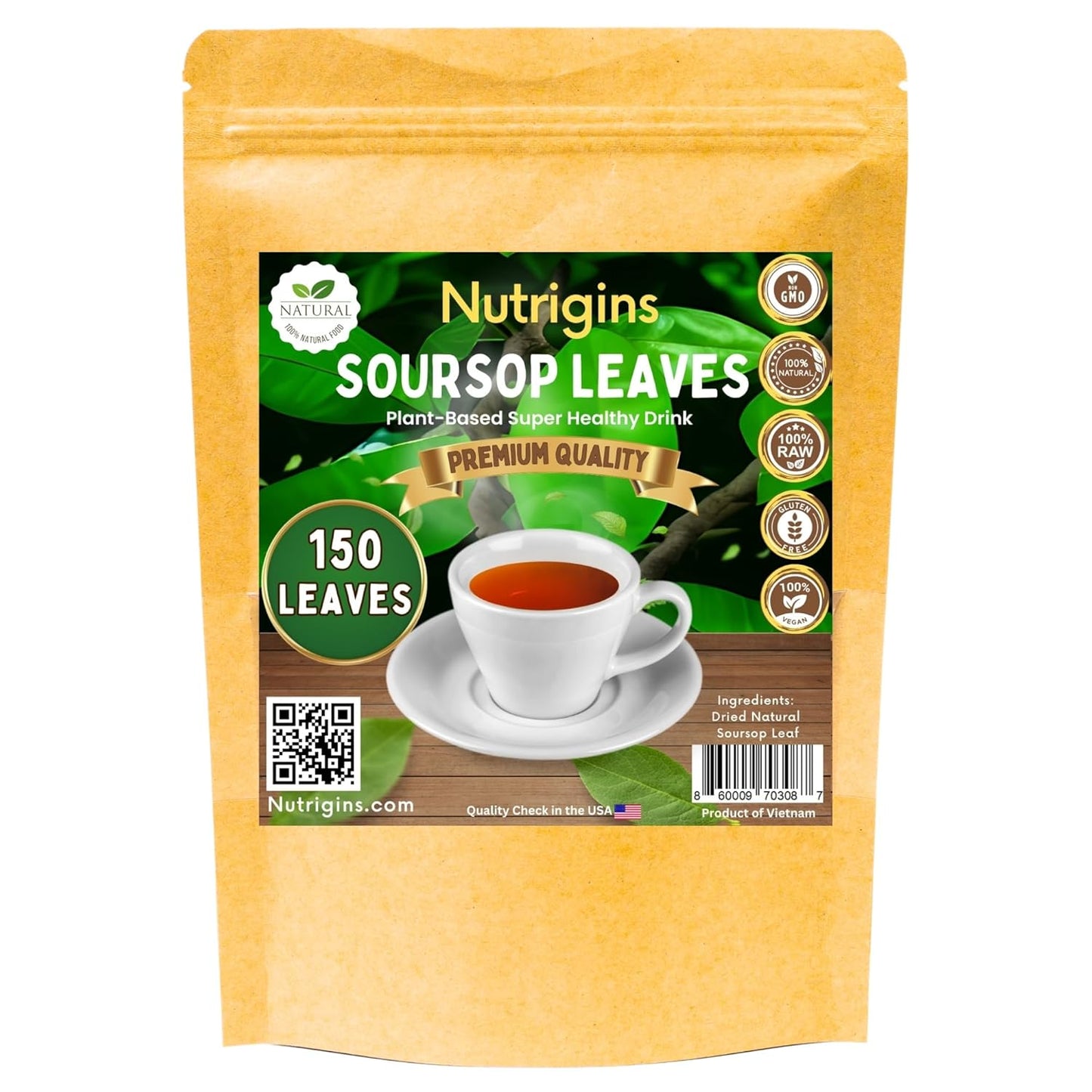 Nutrigins - Premium Soursop Leaves - 150 Leaves - Dried Soursop Tea Leaves - 100% Natural Wild Crafted Graviola Leaves - Hojas de Guanabana Vacuum Sealed For Freshness (150 Count Leaves)